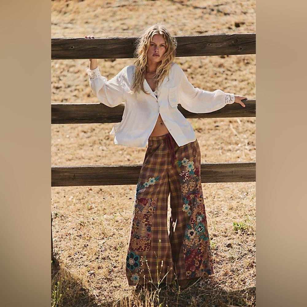 Free People Brooks Embroidered Wide-Leg Patchwork Pants Green Combo - Picture 5 of 15